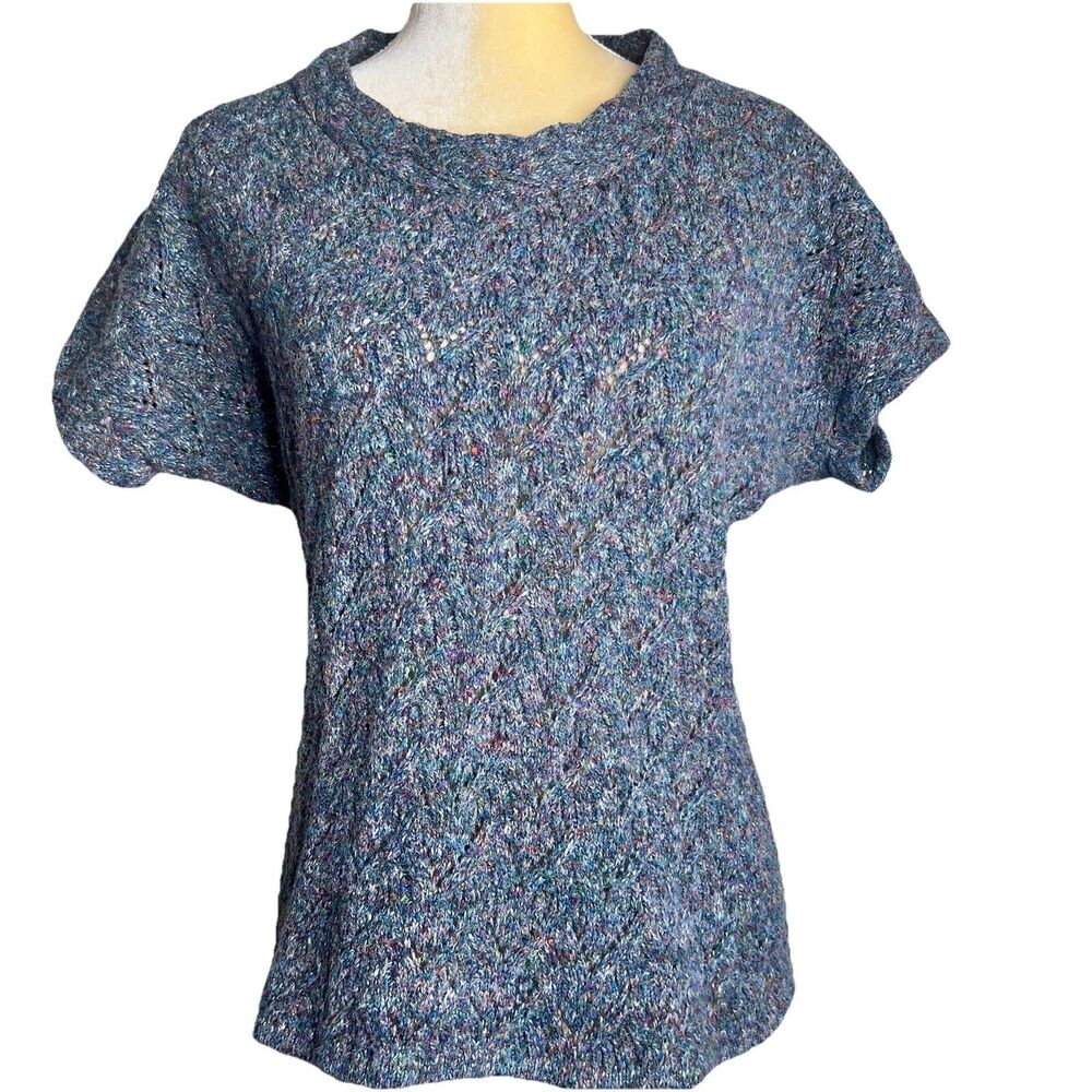 Coldwater Creek Knit Top Sz S (6-8) Blue Redish Cap Sleeves Open Knit Scoop Neck